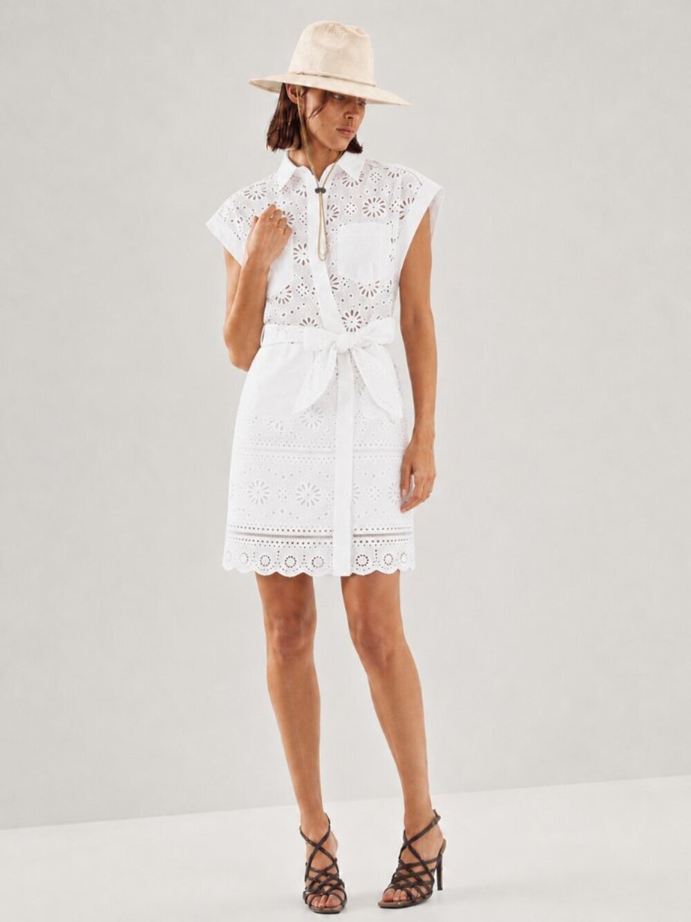 Veronica Beard Bettina Eyelet Dress White Shirt Dress Lined 100% Cotton Size 10
